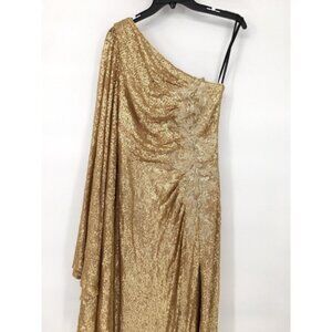 NWT Tadashi Shoji Gold Sequin One Shoulder Gown Sz 2 Long Draped Sleeve Ruched